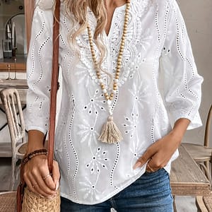 Eyelet Notched Neck Blouse, Elegant Solid Color 3/4 Sleeve Blouse For Spring & Fall, Women’s Clothing Blouses Shop Online at Dubai Trades