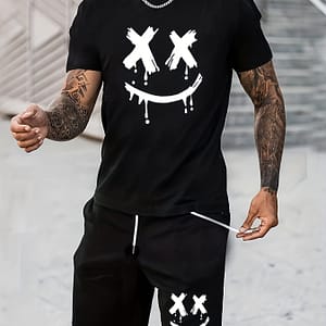 Eyes Smile Face Print, Men’s 2pcs Outfits, Casual Crew Neck Short Sleeve T-shirt And Drawstring Shorts Set For Summer, Men’s Clothing For Daily Vacation Resorts Active Shop Online at Dubai Trades