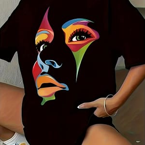 Facial Graphic Sports T-shirt, Round Neck Short Sleeves Workout Top, Women’s Activewear Active Shop Online at Dubai Trades