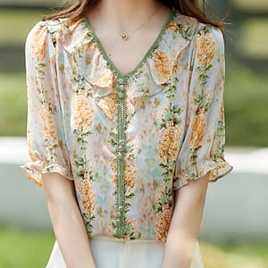Fashionable V-neck Floral Chiffon Short-sleeve Shirt For Women, Loose And Stylish, Top. Blouses Shop Online at Dubai Trades