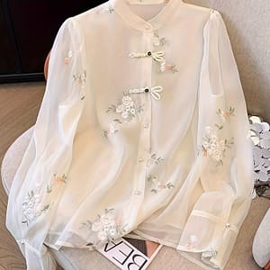 Floral Embroidered Frog Button Blouse, Elegant Long Sleeve Loose Blouse For Spring & Fall, Women’s Clothing Blouses Shop Online at Dubai Trades 2