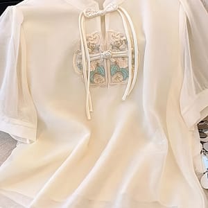 Floral Embroidered Frog Button Blouse, Elegant Short Sleeve Collar Contrast Mesh Blouse, Women’s Clothing Blouses Shop Online at Dubai Trades