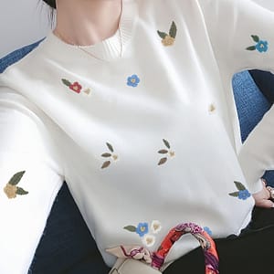 Floral Embroidered Ribbed Sweater, Casual Crew Neck Long Sleeve Pullover Sweater For Spring & Fall, Women’s Clothing Clothing Shop Online at Dubai Trades