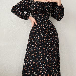 Floral Neck A-line Dress, Elegant Long Sleeve Dress For Spring & Fall, Women’s Clothing Clothing Shop Online at Dubai Trades