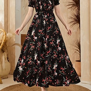 Floral Neck A-line Dress, Elegant Short Sleeve Dress For , Women’s Clothing Clothing Shop Online at Dubai Trades
