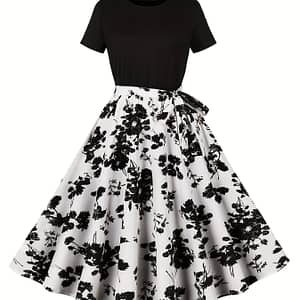 Floral Neck Dress, Elegant Short Sleeve Belted Dress For , Women’s Clothing Clothing Shop Online at Dubai Trades