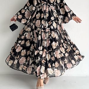 Floral Neck Kaftan Dress, Elegant Long Sleeve Belted Maxi Dress, Women’s Clothing Abayas Shop Online at Dubai Trades