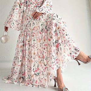 Floral Neck Kaftan Dress, Elegant Long Sleeve Maxi Dress, Women’s Clothing Abayas Shop Online at Dubai Trades