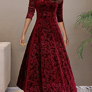 Floral & Paisley Pattern Velvet Dress, Elegant V-neck Long Sleeve Swing Dress For Spring & Fall, Women’s Clothing Clothing Shop Online at Dubai Trades