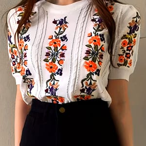 Floral Pattern Crew Neck Knitted Top, Vacation Short Sleeve Top For , Women’s Clothing Clothing Shop Online at Dubai Trades