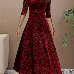 Floral Pattern Square Neck Velvet Dress, Elegant Long Sleeve Aline Swing Dress For Spring & Fall, Women’s Clothing Clothing Shop Online at Dubai Trades