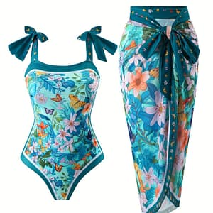 Floral & Print 2 Piece Swimsuits, Bow Tie Shoulder Straps One-piece Bathing-suit & Cover Up Skirt, Women’s Swimwear & Clothing Clothing Shop Online at Dubai Trades