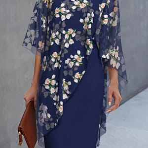 Floral Print 2in 1 Dress, Elegant Short Sleeve Crew Neck Midi Dress For , Women’s Clothing, , Solid Color, Long Clothing Shop Online at Dubai Trades