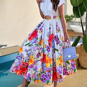 Floral Print Button Front A-line Dress, Casual Short Sleeve Dress For , Women’s Clothing Clothing Shop Online at Dubai Trades