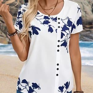 Floral Print Button Front Blouse, Casual Crew Neck Short Sleeve Blouse For , Women’s Clothing Blouses Shop Online at Dubai Trades