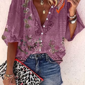 Floral Print Button Front Blouse, Casual Three-quarter Sleeve Blouse For , Women’s Clothing Blouses Shop Online at Dubai Trades