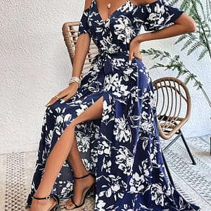 Floral Print Cold Shoulder Belted Dress, Elegant Split Sleeveless Aline Dress For , Women’s Clothing Clothing Shop Online at Dubai Trades