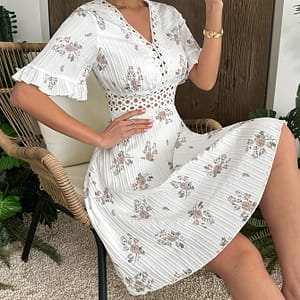 Floral Print Contrast Lace Dress, Casual V Neck Flared Sleeve Dress, Women’s Clothing Clothing Shop Online at Dubai Trades