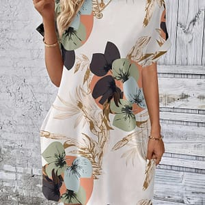 Floral Print Crew Neck Dress, Elegant Short Sleeve A-line Ruched Knee Length Dress For , Women’s Clothing Clothing Shop Online at Dubai Trades