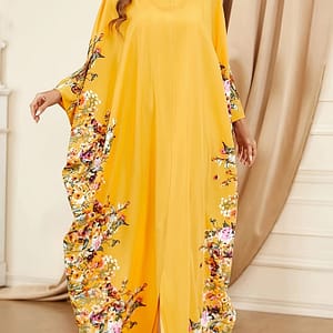 Floral Print Crew Neck Kaftan Abaya, Elegant Batwing Sleeve Split Maxi Dress, Women’s Clothing Abayas Shop Online at Dubai Trades