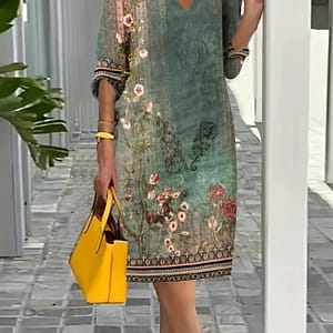 Floral Print Half Sleeve Dress, Vintage Notched Neck Dress, Women’s Clothing Clothing Shop Online at Dubai Trades
