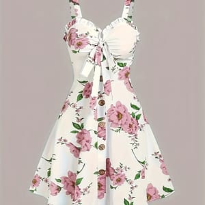 Floral Print Knotted Front Flared Dress, Elegant Sleeveless V Neck Cami Dress For , Women’s Clothing Clothing Shop Online at Dubai Trades