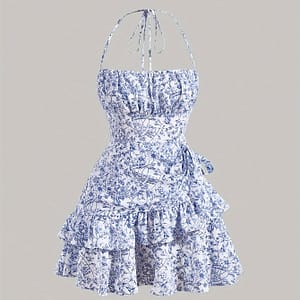 Floral Print Layered Ruffle Hem Halter Dress, Elegant Sleeveless Dress For , Women’s Clothing Clothing Shop Online at Dubai Trades