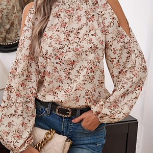 Floral Print Long Sleeve Keyhole Blouse, Elegant Ruffle Trim Mock Neck Cold Shoulder Blouse, Women’s Clothing Blouses Shop Online at Dubai Trades