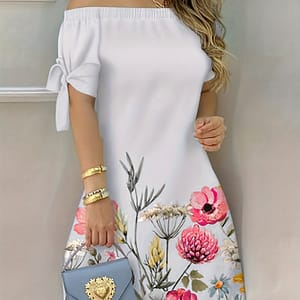 Floral Print Off Shoulder Dress, Elegant Short Sleeve Elastic Trim Dress For , Women’s Clothing Clothing Shop Online at Dubai Trades