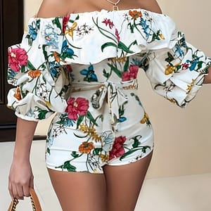 Floral Print Off Shoulder Romper Jumpsuit, Elegant Backless Tie Waist Ruffle Trim Skinny Romper Jumpsuit, Women’s Clothing Clothing Shop Online at Dubai Trades