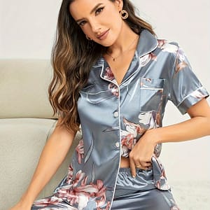 Floral Print Pajama Set, Short Sleeve Buttons Top & Waistband Pants, Women’s Sleepwear & Loungewear Clothing Shop Online at Dubai Trades