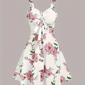 Floral Print Ruffle Trim Dress, Elegant Button Front Aline Ruched Dress For , Women’s Clothing Clothing Shop Online at Dubai Trades