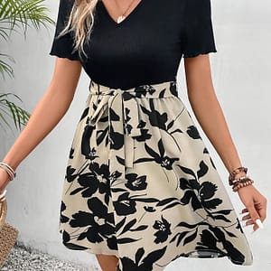 Floral Print Short Sleeve Dress, Casual Tied Waist V Neck A-line Dress For , Women’s Clothing For Elegant Dressing Clothing Shop Online at Dubai Trades