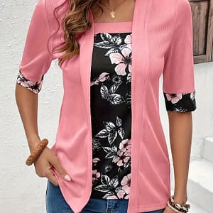 Floral Print Splice 2 In 1 T-shirt, Elegant Short Sleeve Square Neck Top, Women’s Clothing Clothing Shop Online at Dubai Trades