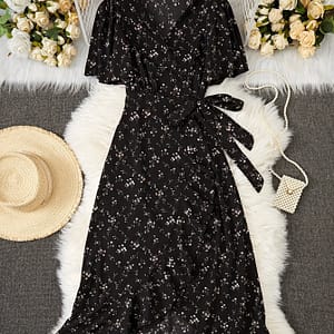 Floral Print Surplice Neck Dress, Elegant Short Sleeve Tie Waist Ruffle Hem Dress, Women’s Clothing Clothing Shop Online at Dubai Trades