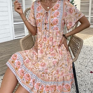 Floral Print Tie Back Loose Dress, Elegant Short Sleeve Dress For , Women’s Clothing Clothing Shop Online at Dubai Trades