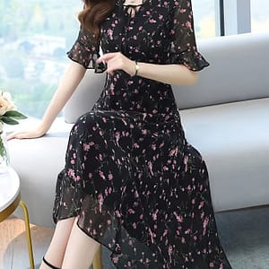 Floral Print Tie Neck Dress, Elegant Short Sleeve A-line Flowy Dress For , Women’s Clothing Clothing Shop Online at Dubai Trades