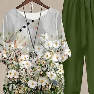 Floral Print Two-piece Pants Set, Casual Half Sleeve Crew Neck Top & Solid Elastic Waist Tulip Hem Pants Outfits For Spring, Women’s Clothing Clothing Shop Online at Dubai Trades