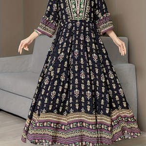 Floral Print V Neck Dress, Elegant Long Sleeve Belted A-line Flowy Dress For Spring & Fall, Women’s Clothing Clothing Shop Online at Dubai Trades