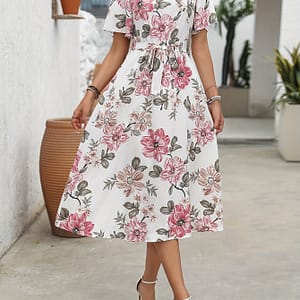 Floral Print V Neck Dress, Elegant Short Sleeve Belted A-line Dress For , Women’s Clothing Clothing Shop Online at Dubai Trades