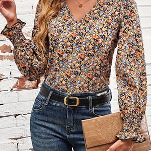 Floral Print V-neck Blouse, Elegant Lantern Sleeve Shirred Trim Blouse For Spring & Fall, Women’s Clothing Blouses Shop Online at Dubai Trades