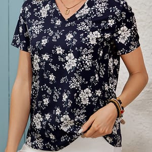 Floral Print V-neck Blouse, Vintage Short Sleeve Blouse For , Women’s Clothing Blouses Shop Online at Dubai Trades