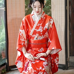 Floral Print Wrap Belt Kimono, Japanese Traditional Long Sleeve Mid Calf Kimono, Women’s Clothing Asian Shop Online at Dubai Trades