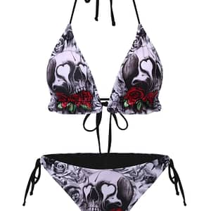 Floral Skull Print Bikini Set, High Stretch Polyester And Spandex Knit Fabric, Strapless Lace-up Swimwear, 82% Polyester 18% Spandex, 200g/m² Weight, Beachwear For Women Bikinis Shop Online at Dubai Trades