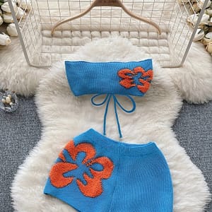 Floral Summer Sexy Knit 2 Piece Set, Backless Crop Tube Top & High Waist Shorts Outfits, Women’s Clothing Clothing Shop Online at Dubai Trades