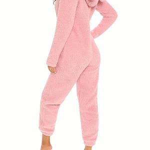 Fuzzy Hooded Pajama Jumpsuit For Music Festival, Comfy & Cute Long Sleeve Zipper Pajamas, Women’s Lingerie & Sleepwear Clothing Shop Online at Dubai Trades