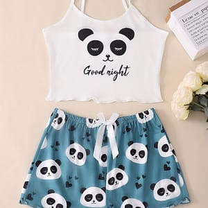 Garter Top Cartoon Love Print Pattern Wood Ear Short Pants Pajama Set Clothing Shop Online at Dubai Trades