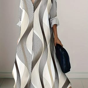Geo Print Button Front Dress, Vacation Long Sleeve Shirt Dress, Women’s Clothing Clothing Shop Online at Dubai Trades