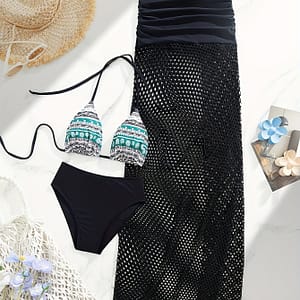 Geometric Print Triangle Halter Tie Strap Backless Bikini With Hollow Out Cover Up Skirt 3 Piece Set Swimsuits, Women’s Swimwear & Clothing Bikinis Shop Online at Dubai Trades