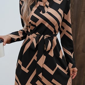 Geometric Print V-neck Dress, Elegant Tie Waist Long Sleeve Midi Dress For Spring & Fall, Women’s Clothing Clothing Shop Online at Dubai Trades